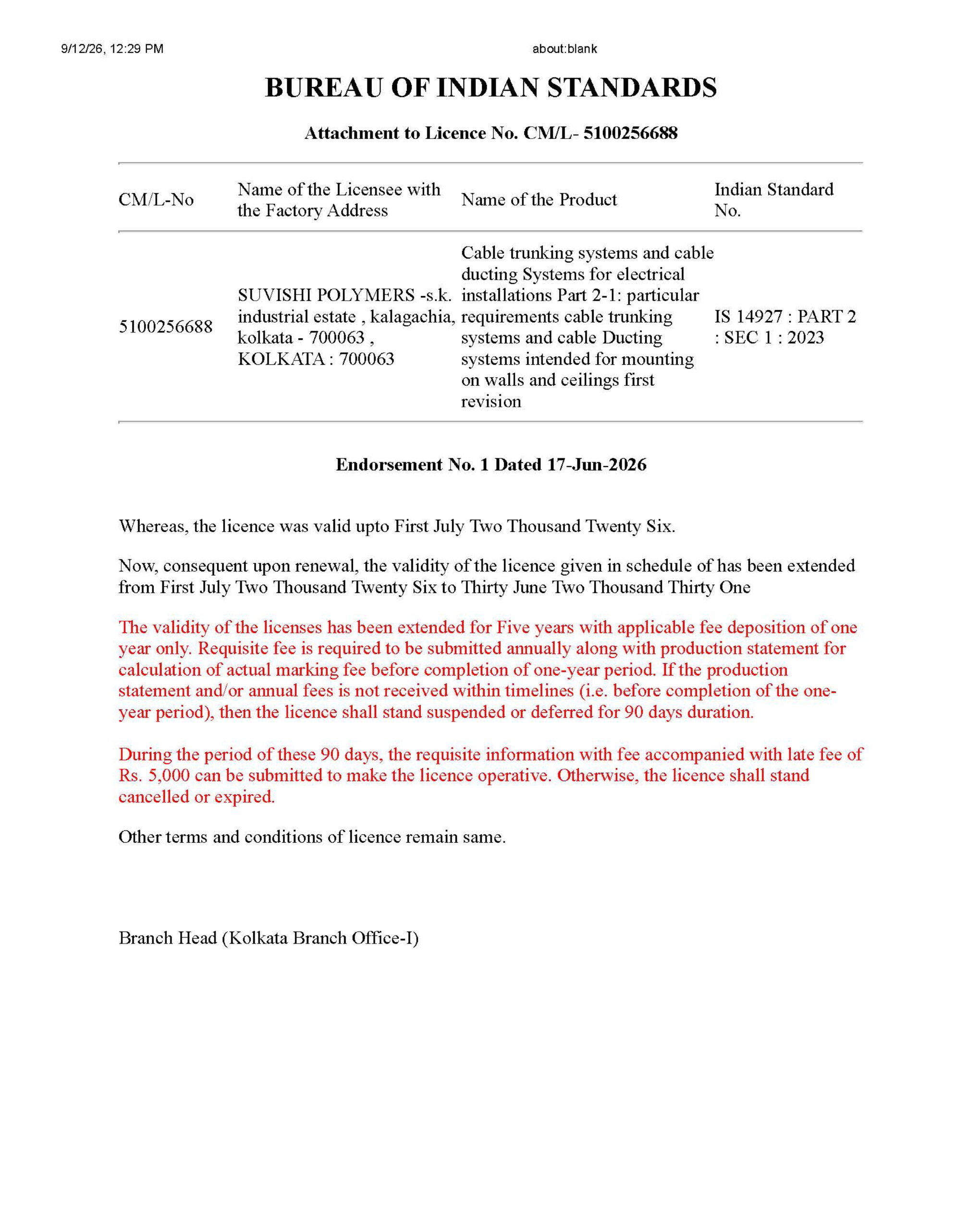 Bureau Of Indian Standards CM/L- 5100256688