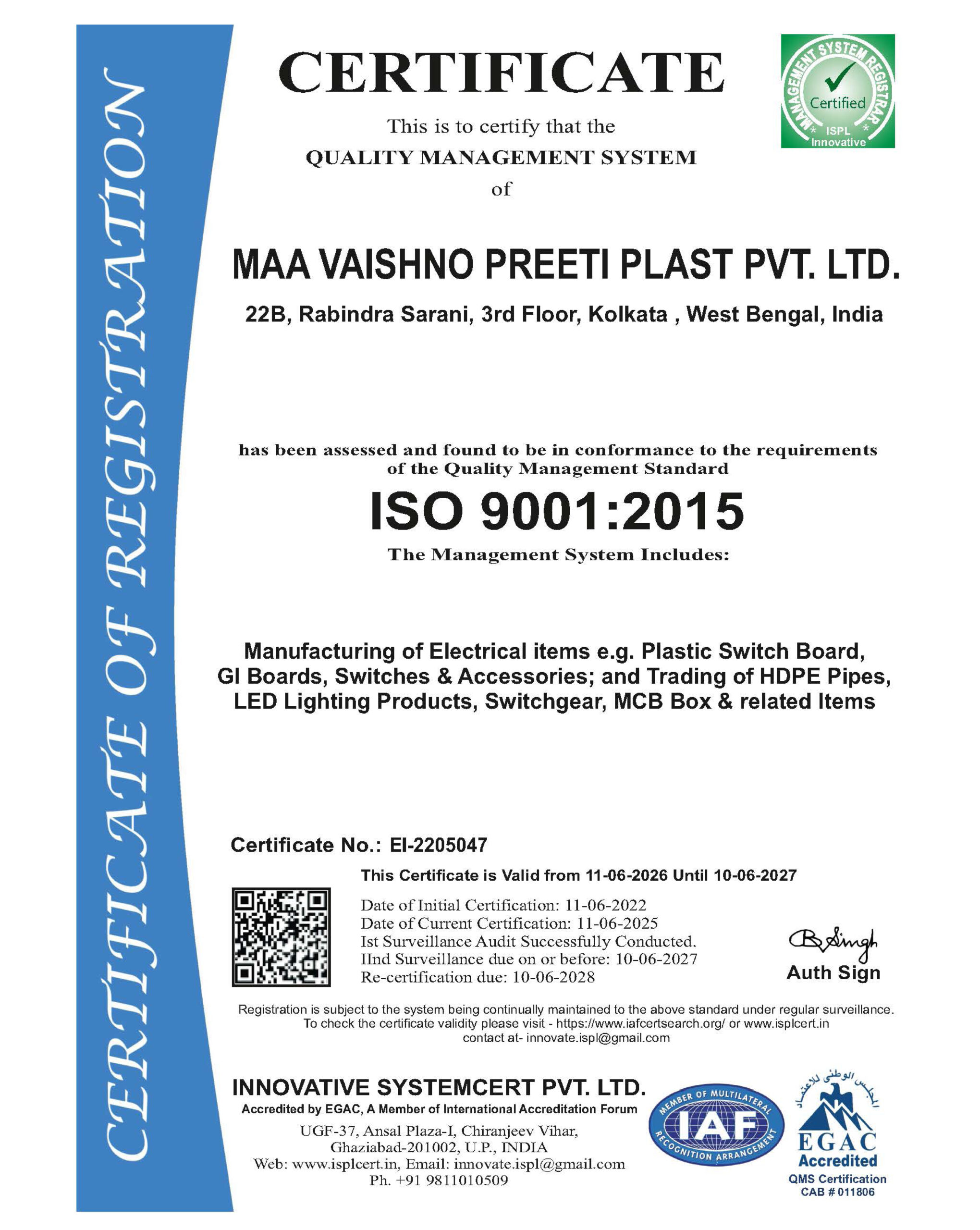 Maa Vaishno Preeti Plast Pvt. Ltd. ISO 9001:2015